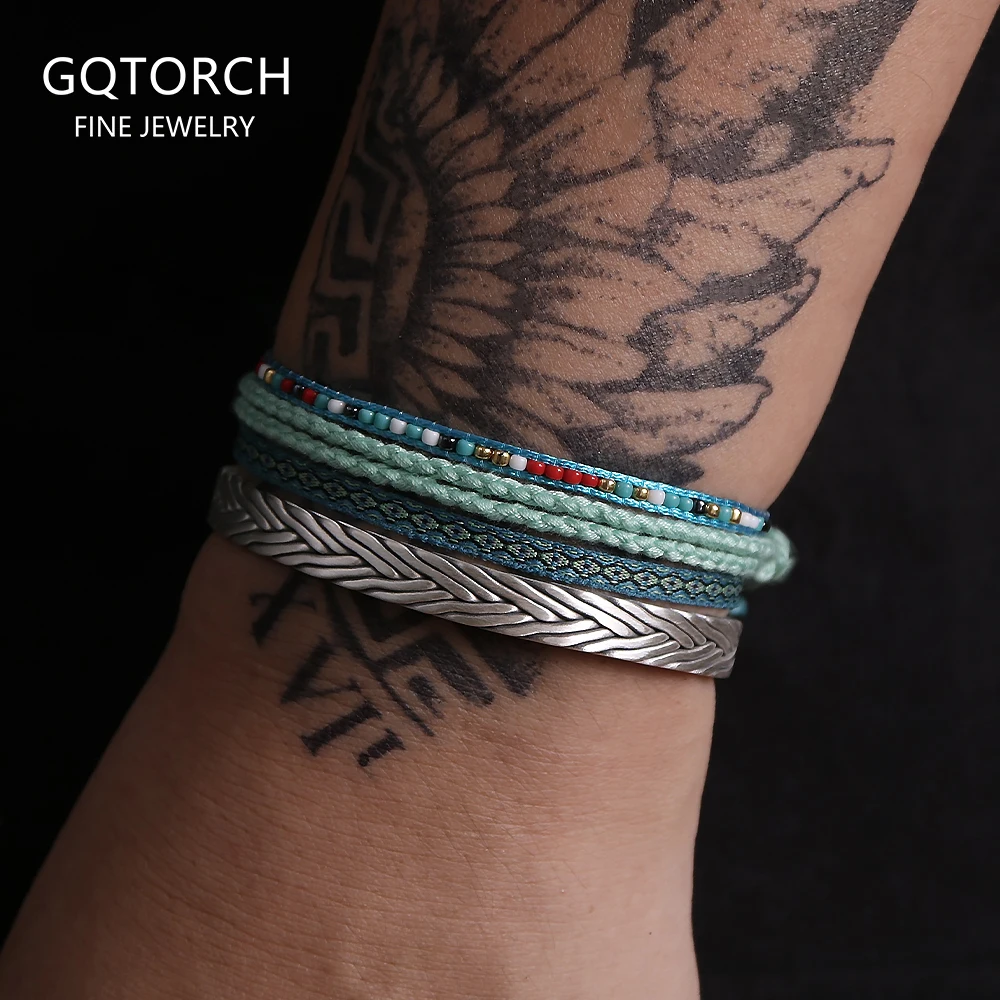 

4pcs/set 999 Pure Silver Handmade Braided Cuff Bangle Knots Thread Rope Multi-layer Combination Bracelet Vintage Boho Jewelry