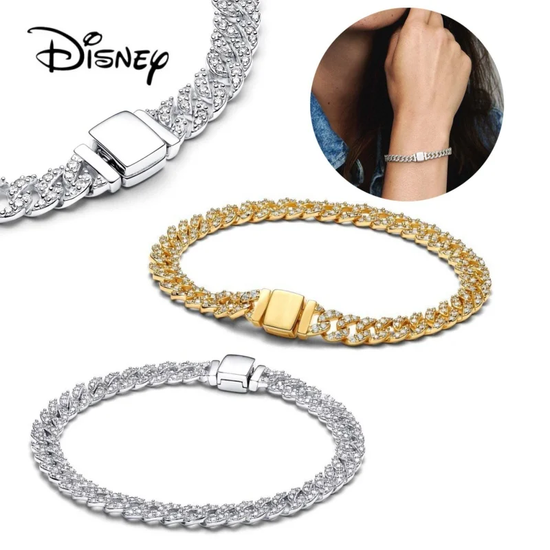 New Disney 925 Silver Plating Golden Color Timeless Cuban Chain Bracelet Jewelry Charm Women Exquisite  Gift