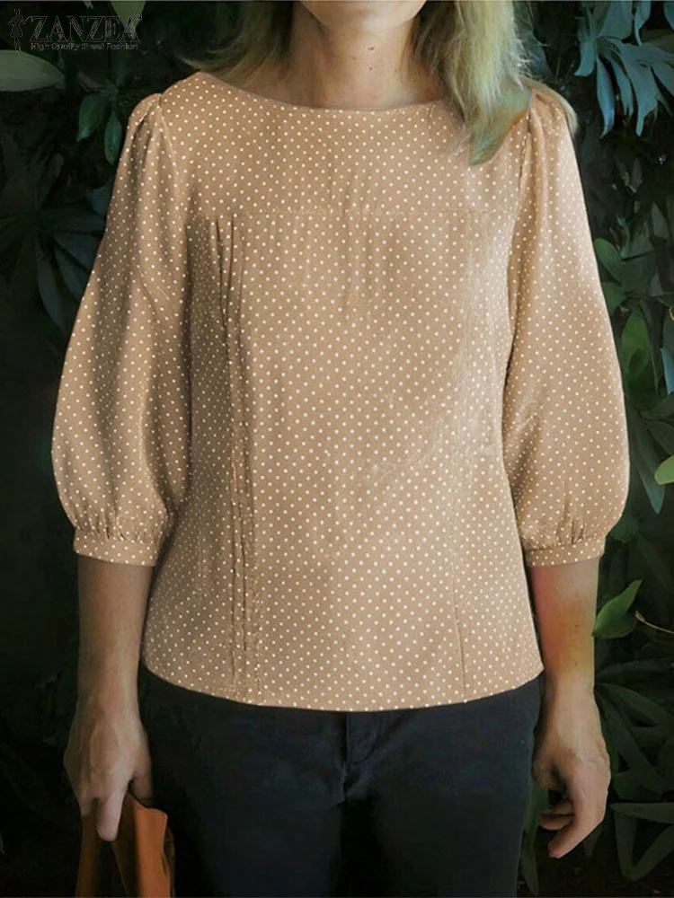

Women Polka Dot Blouses Vintage 3/4 Lantern Sleeve Tops Summer Spring O Neck Blusas ZANZEA 2025 Oversized Casual Tunics