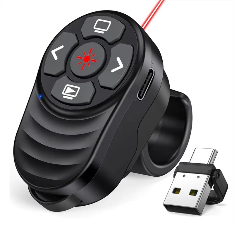 k05 Rechargeable USB Type-C Wireless Presentation Clicker Finger Ring PowerPoint Clicker with Light Pointer