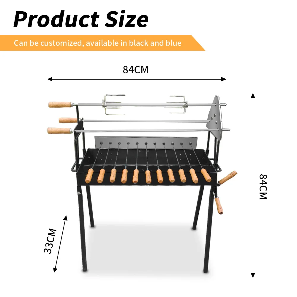 Manufacturer's Customizable BBQ Grill 11 Small & 3 Large Skewers Blue & Black Motor Option Charcoal Fuel