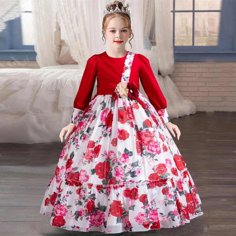 4-12 year old girl flower bow princess dress Fashionable and elegant printed long sleeved casual dress carnival birthday party