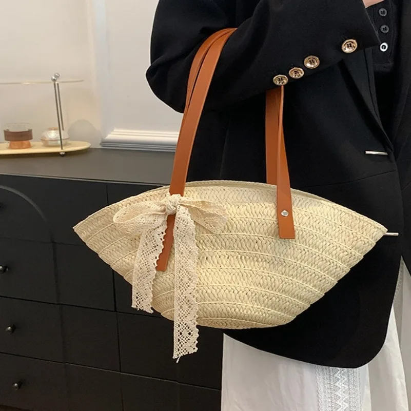 

Dacron Large Capacity Straw Woven Shoulder Bag Khaki Beige Women Braided Basket Lace Bow Soft Underarm Bag Women