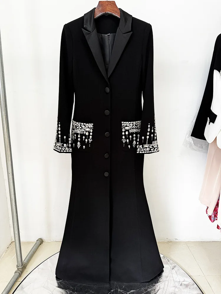 2024  Fine Workmanship Rhinestone Beading Lady Party Wear Notched Long Sleeve Single-breasted Woman Maxi Black Dress