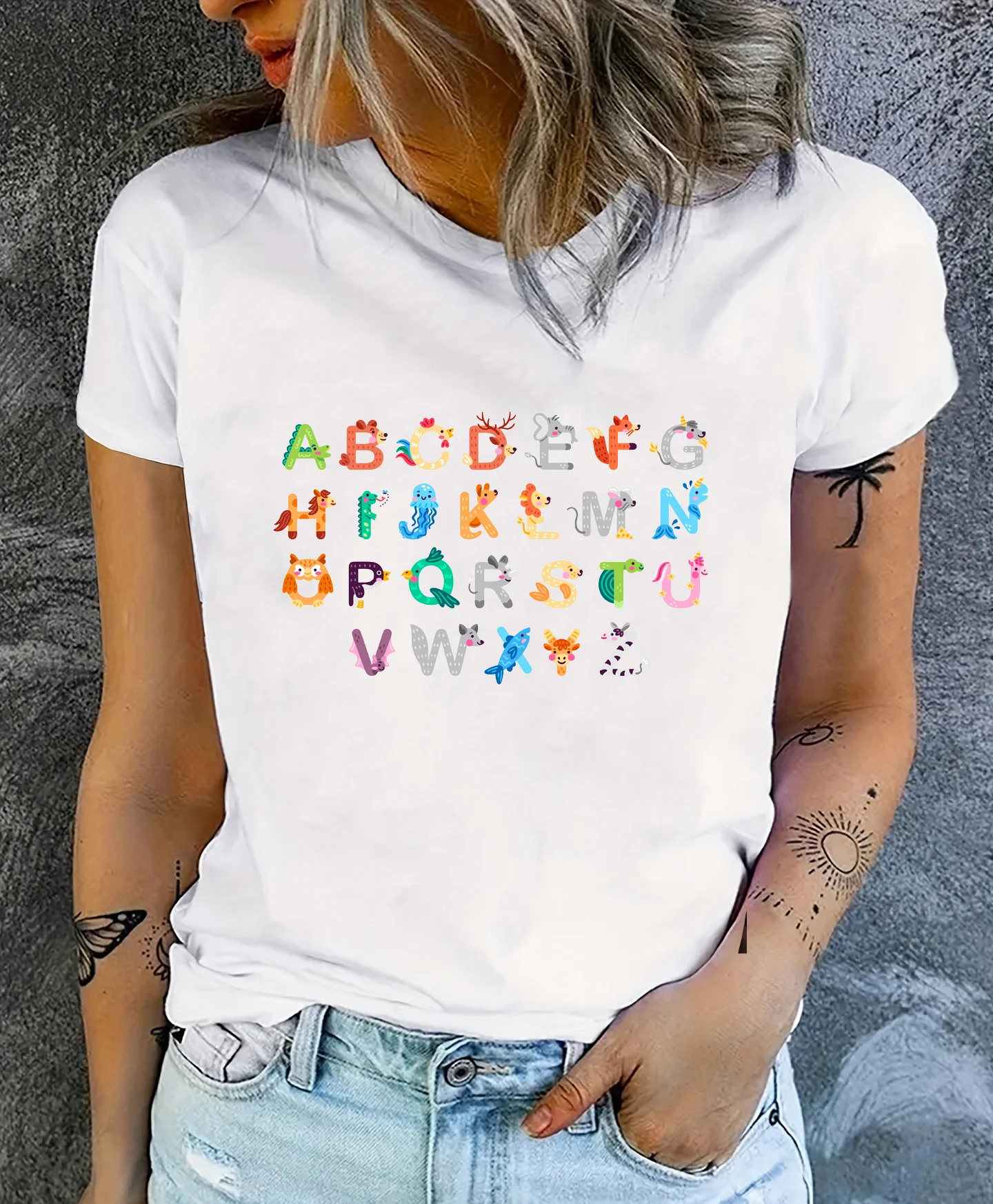 Grappige Dieren 26 Alfabet Bedrukt T-Shirt Vrouwen Cartoon Alfabet T-Shirt Tops Dames Zomer Ademende Kleding