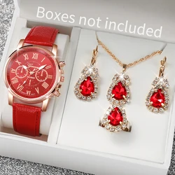 5pcs/set Women Watches Fashion Roma Dial Leather Band Quartz Watch Reloj Mujer Girls Clock Rhinestone Jewelry Set（Without Box）