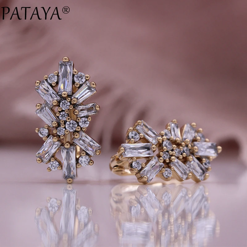 PATAYA Luxury Champagne Gold Color Flower Daily Earrings for Women Green Natural Zircon Accessories Vintage Wedding Jewelry