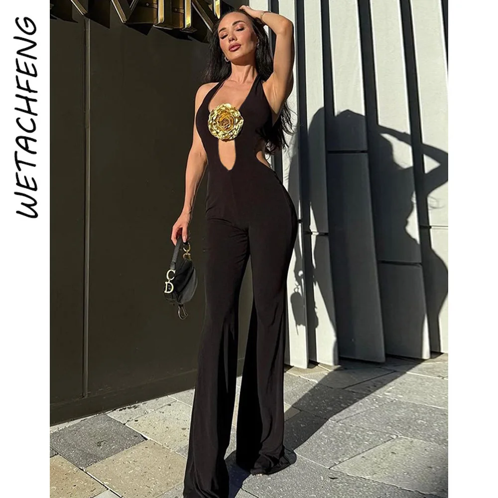 

Летние женские комбинезоны с глубоким v-образным вырезом и лямкой на шее, с открытой спиной и завязками по бокам, золотые 3D цветочные аппликации, элегантные цельные брюки-клеш, одежда