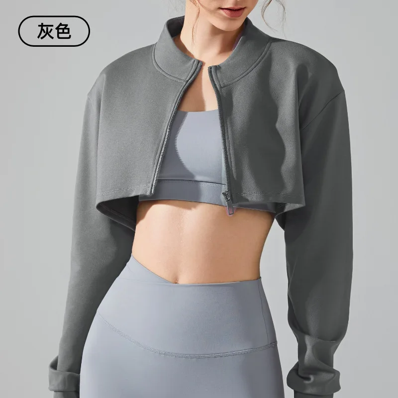 Long Sleeve Stand Collar Sports Jacket Women Yoga Gym Fitness Loose Zipper Sexy Crop Top Skin-friendly Breathable Soft Top