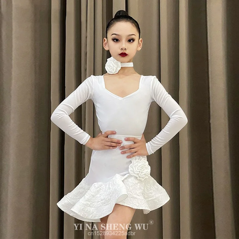 

Белое платье для латинских танцев с длинными рукавами для девочек, детское тренировочное платье, платье для танго, румбы для девочек, наряды для выступлений