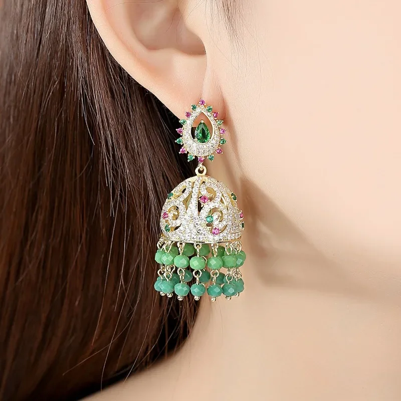 

Green Earrings Vintage Copper Set Zircon Earrings Indian Fashion Dinner Noble Gold Earrings