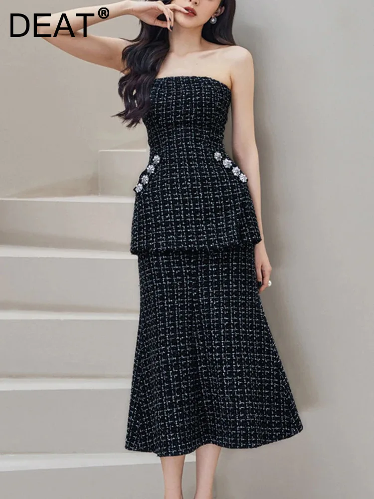 

DEAT Elegant 2 Pcs Set Strapless Diamond Top Fishtail Skirt Contrast Color Women's Evening Party Suits 2024 Autumn New 15G7153