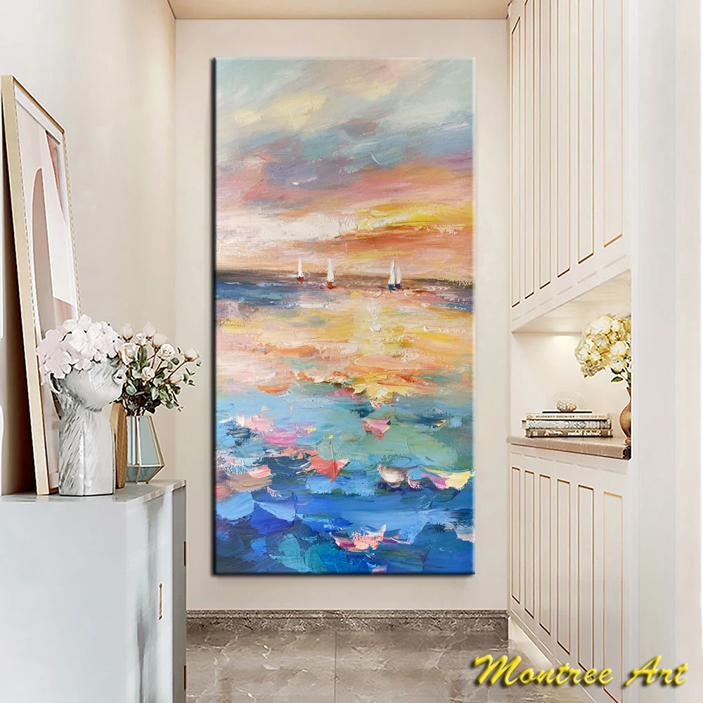 Hand Painted Oil Painting abstract painting Blue Ocean painting Orange Sunshine Sea Painting Gold sky Sunset ocean painting