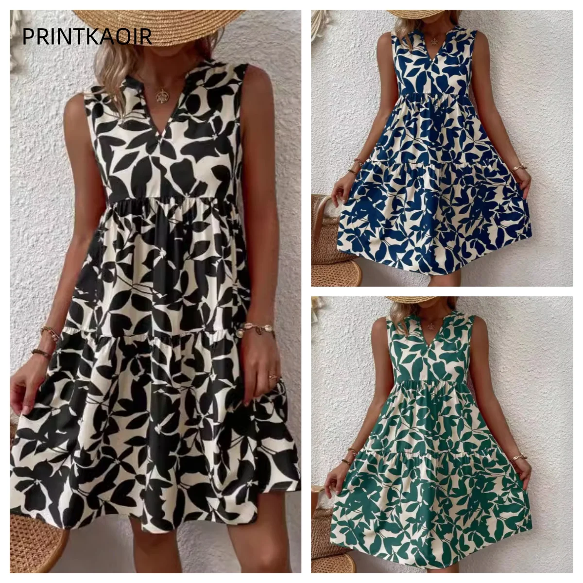 Women Boho Print Mini Dress Summer Elegant Sleeveless V Neck Ruffle A Line Tank Dress Casual Loose Oversize Beach Party Sundress