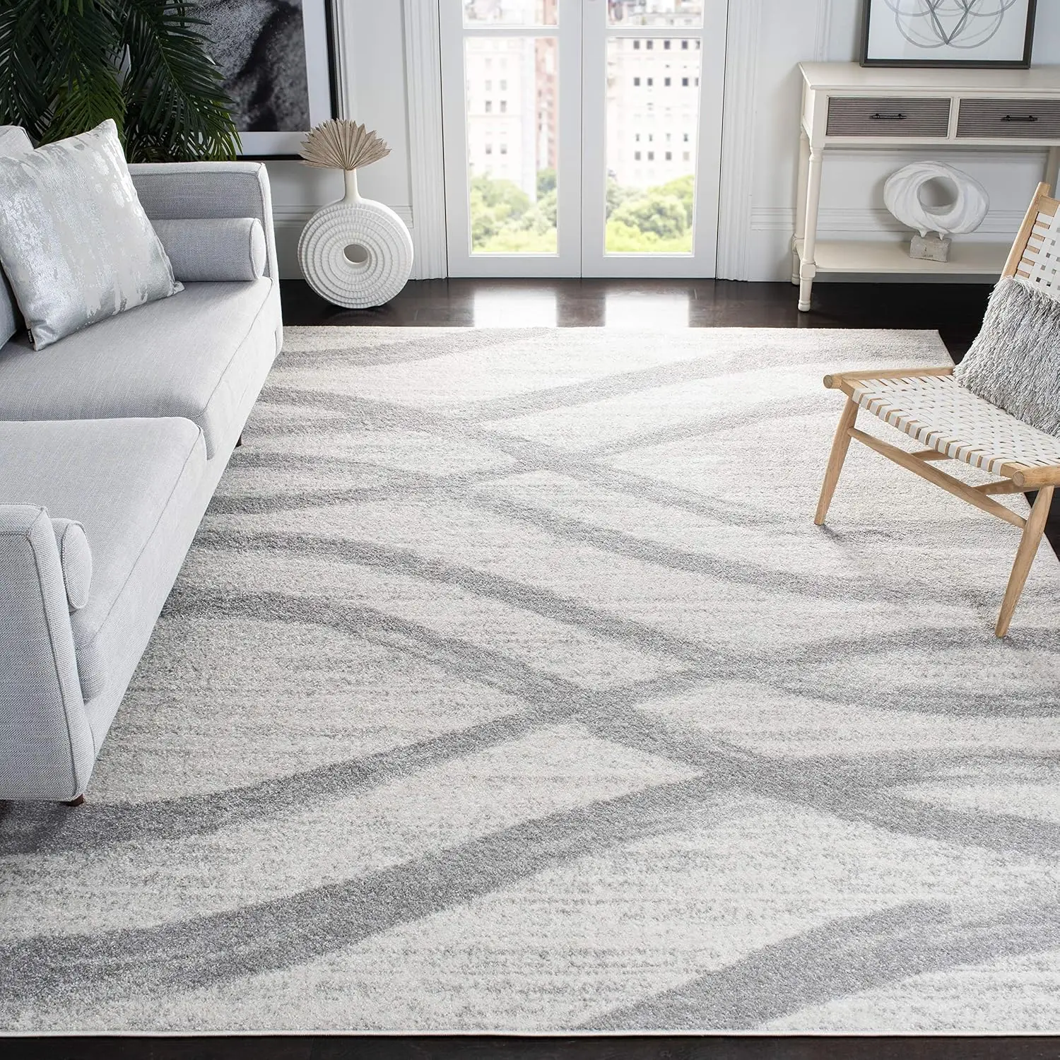 Adirondack Collection Area Rug - 9' x 12', Cream & Grey, Modern Wave Distressed Design, Non-Shedding & Easy Care