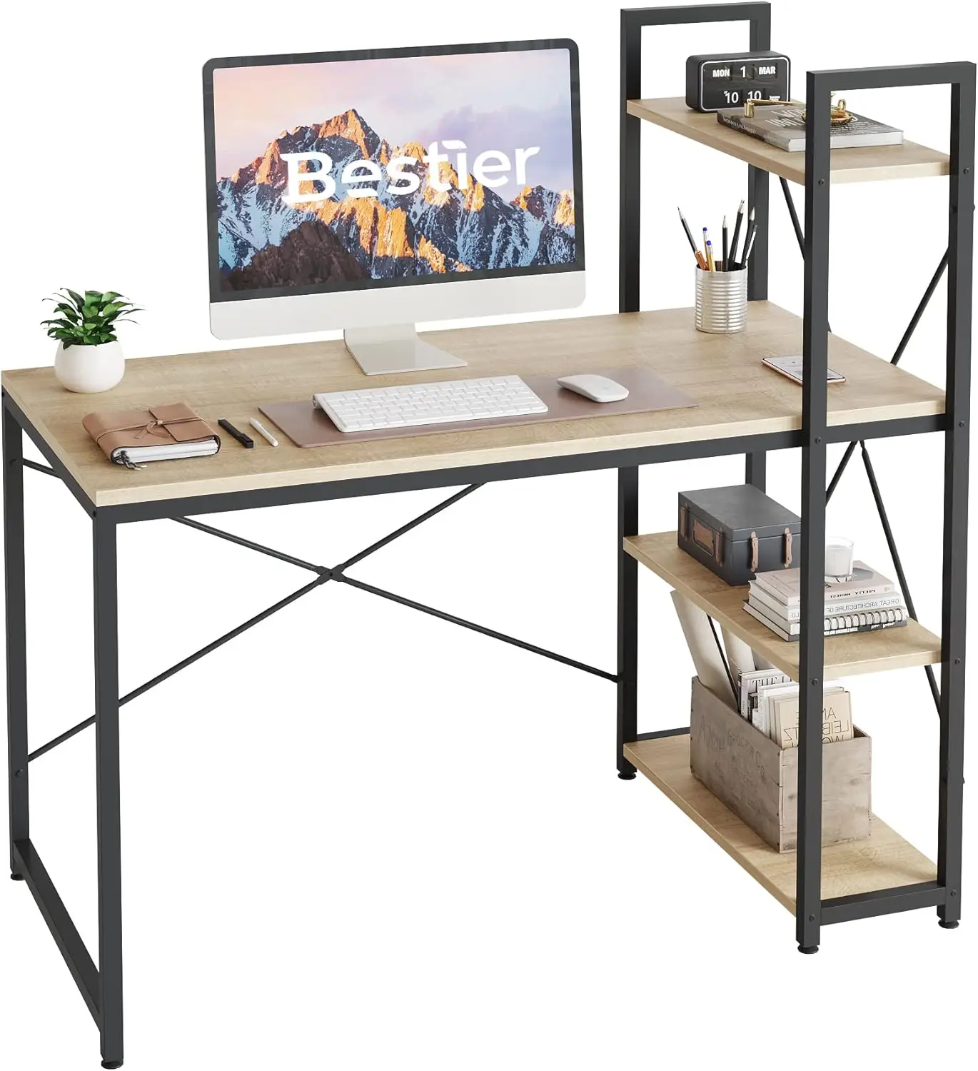 47 Inch Computer Desk with Adjustable Shelves, Simple Writing Desk with Reversible Bookshelf and Metal Legs for Home Office