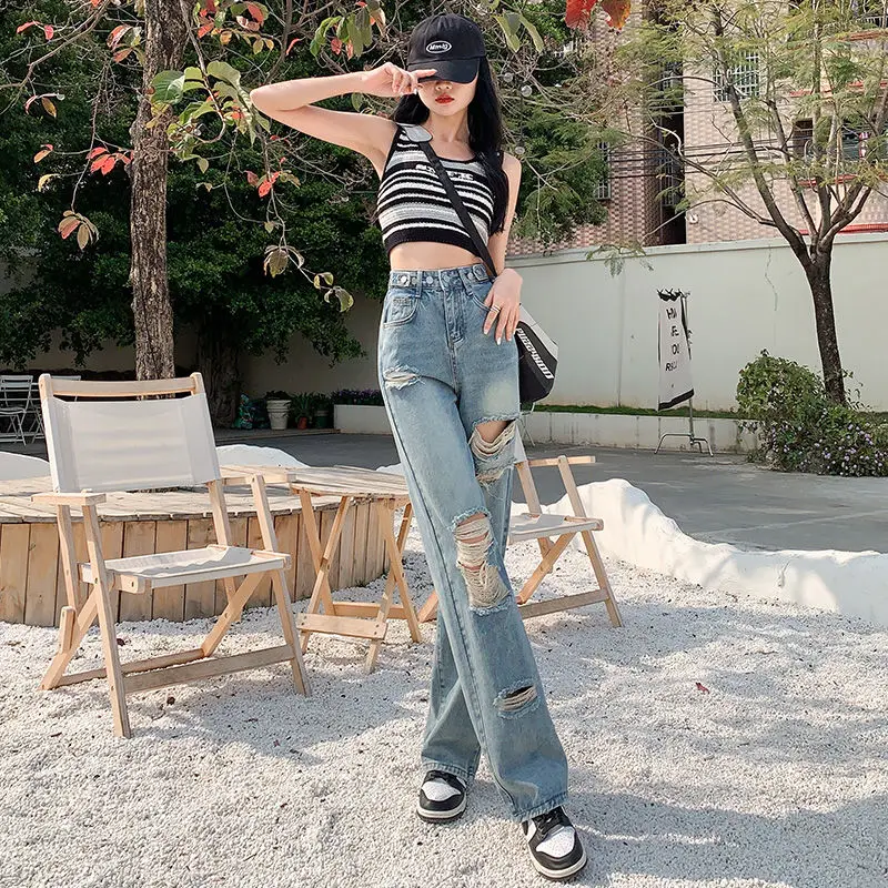 Fashionable Perforated Straight Leg Jeans for Women Spring/Summer 2023 New Slim and Loose Fitting High Waisted Wide Leg Pants