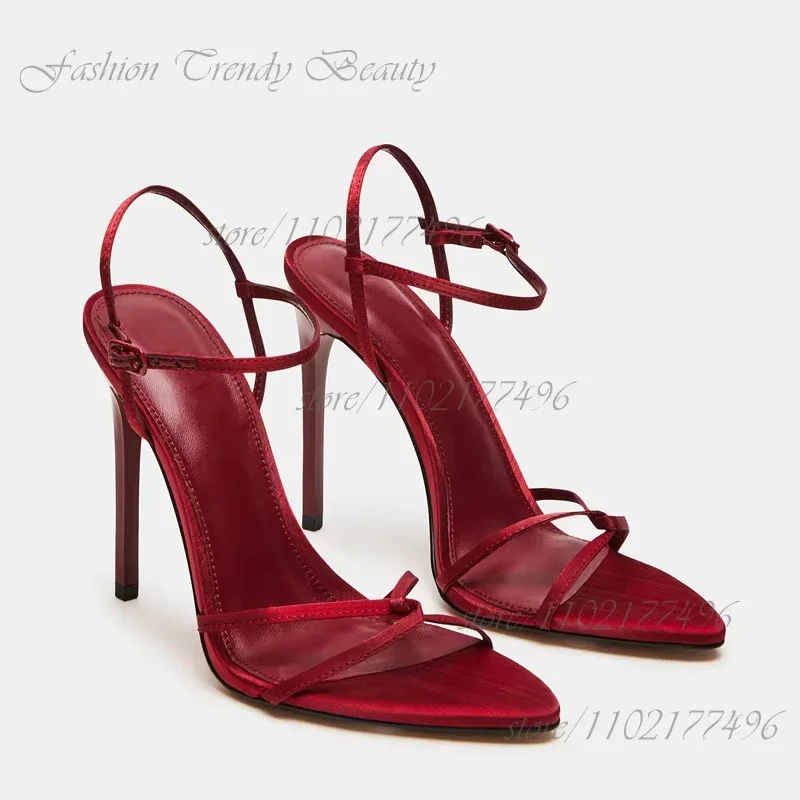 

Color Burgundy Velvet Red Glossy Satin Heels Simple Open Sandals Black Buckle Slingback Lady Pointed Leopard Print Diamond Shoes