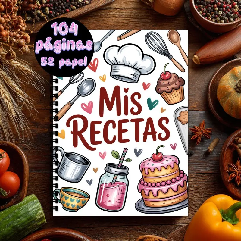 Libro de recetas en español, cuaderno con espiral A5, con capacidad para hasta 100 recetas, diario de recetas temáticas de cocina y repostería.