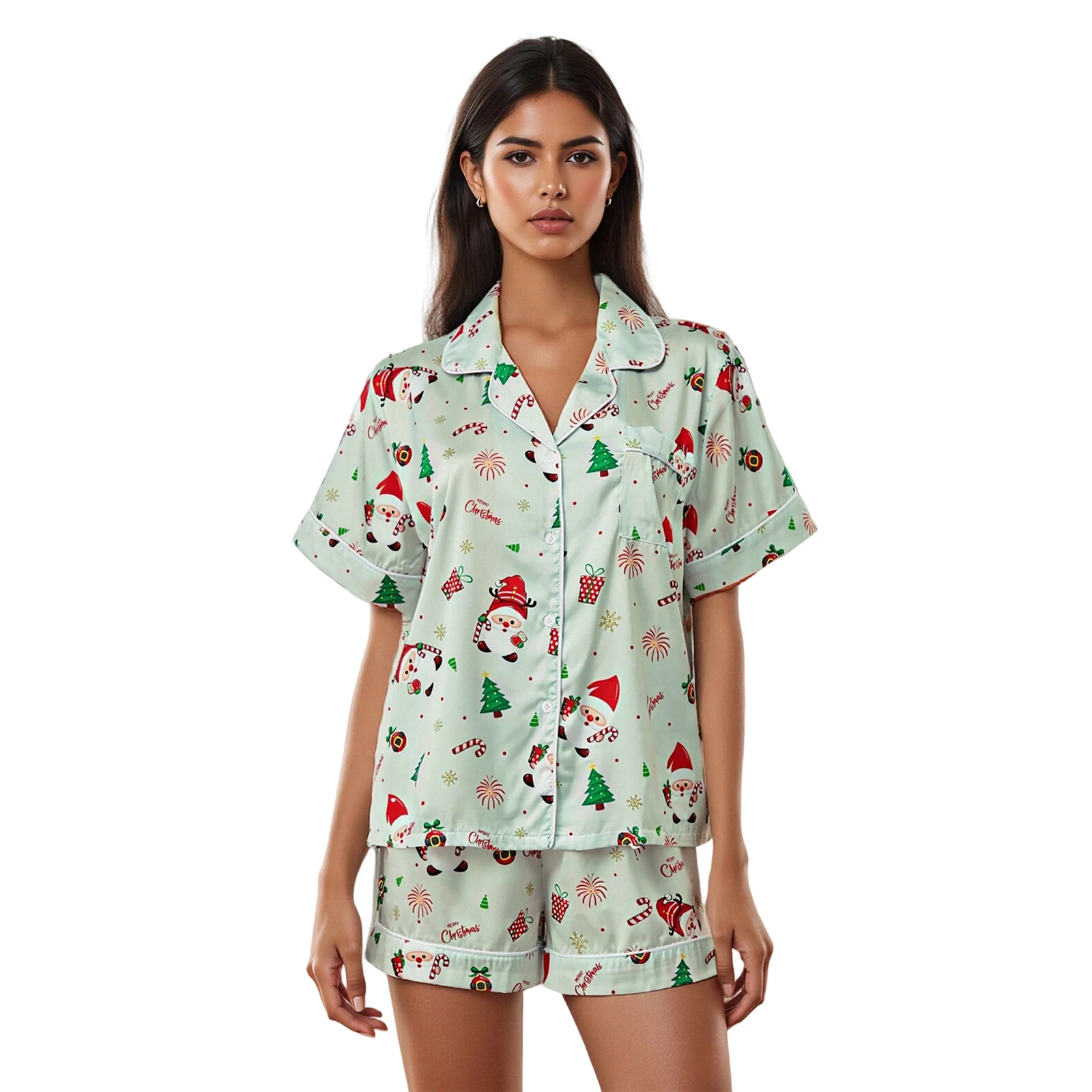 

Women s Christmas Pajama Sets Fashionable Santa Printed Short Sleeve Tops with Shorts 2Pcs Soft Sleepwear