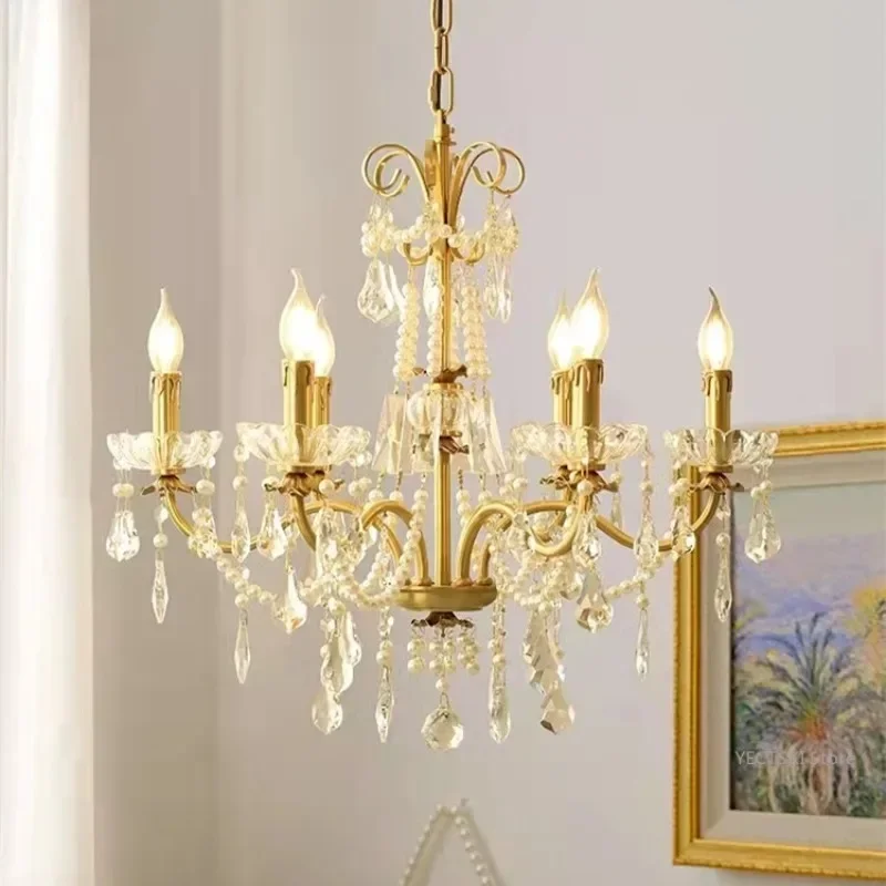 

GHJUYIOL French luxury crystal chandelier, European style villa, living room, dining room, bedroom, French retro pearl candle li