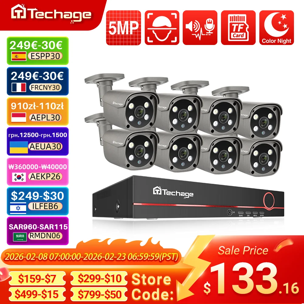 Techage 8CH 5MP HD POE CCTV 보안 카메라 시스템 홈 비디오 감시 NVR 키트 얼굴 감지 야외 IP 카메라...