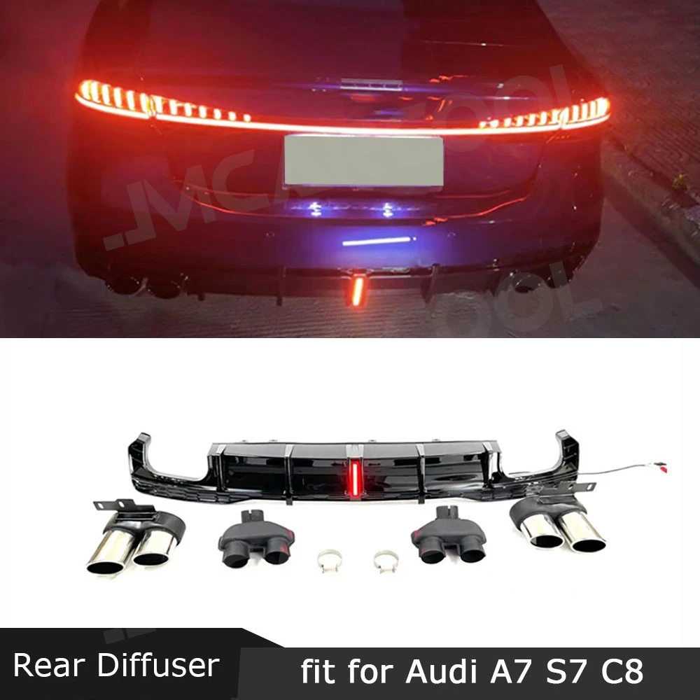 

Car Rear Bumper Diffuser Lip LED Light with Exhaust Tips Spoiler for Audi A7 Sline S7 C8 2019-2023 ABS Gloss Black Accessories