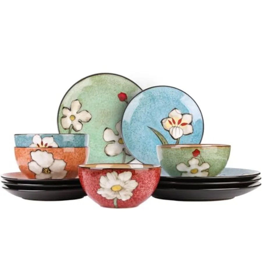 

Plates and Bowls Sets12 Pieces Kiln Changed Glaze Ceramic Dinnerware Set Dishes Set for 4 Highly Chip and Crack Resistant Moder