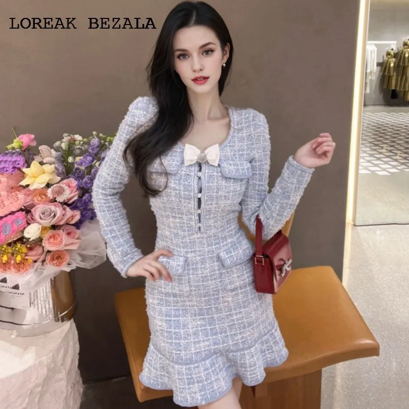 

light blue Ladies' Knitted Dress elastic 2025 spring/autumn new bow decoration dress long sleeved Dress