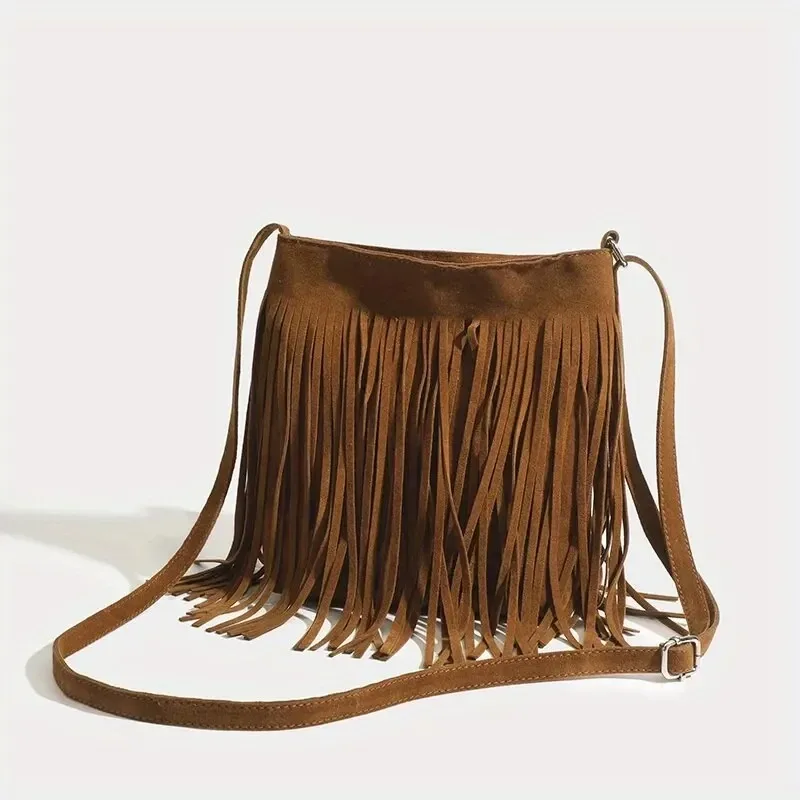 NYXIA Boho Style Fringe Crossbody Bag Vintage Suede Shoulder Bag Women\'s Large Capacity Casual Fringe Postman Shoulder Bag