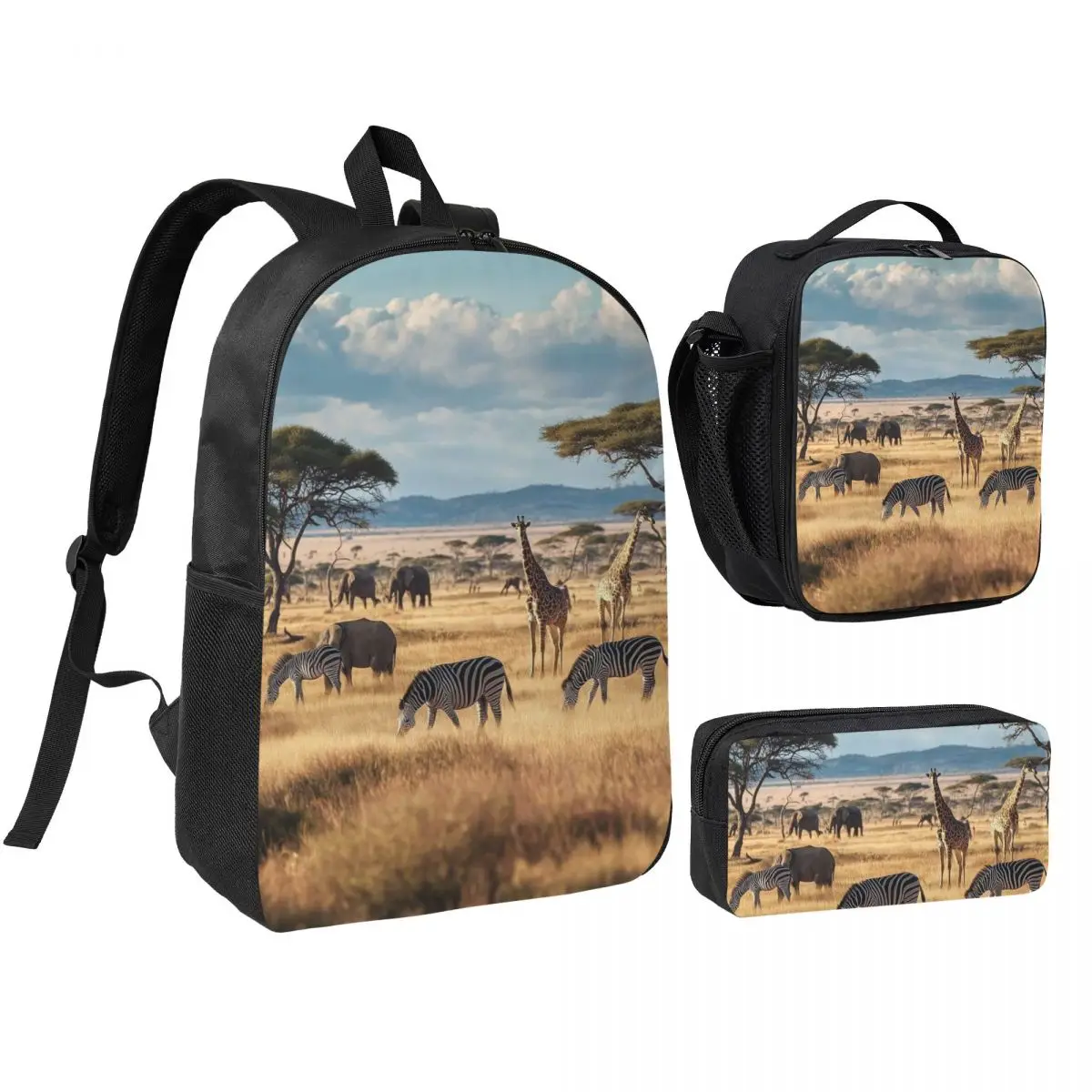 African Savanna Wildlife Theme Backpack Student BookBag School Bag Shoulder Bags 3ps Insulated Lunch Bag Pencil Case