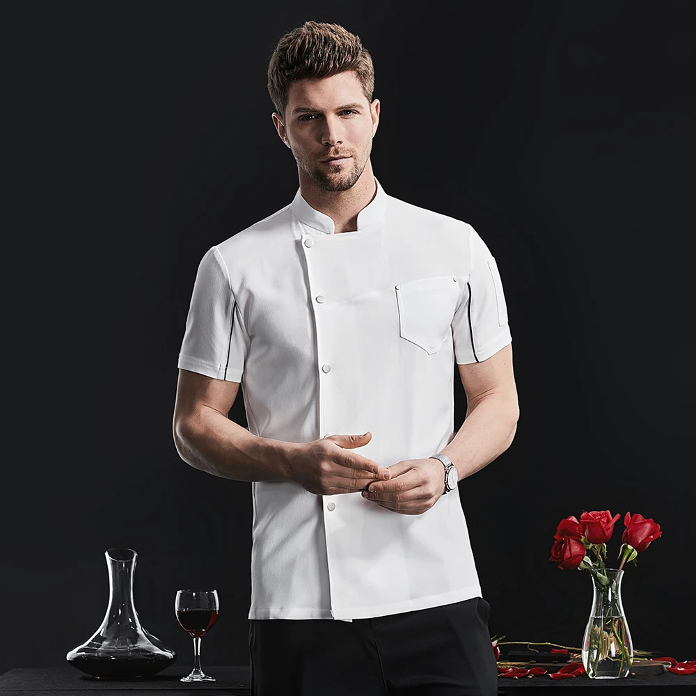 Ropa de cocina azul para hombre, chaqueta para restaurante, Hotel, Chef, uniforme, camisas de trabajo de Catering, M-4XL