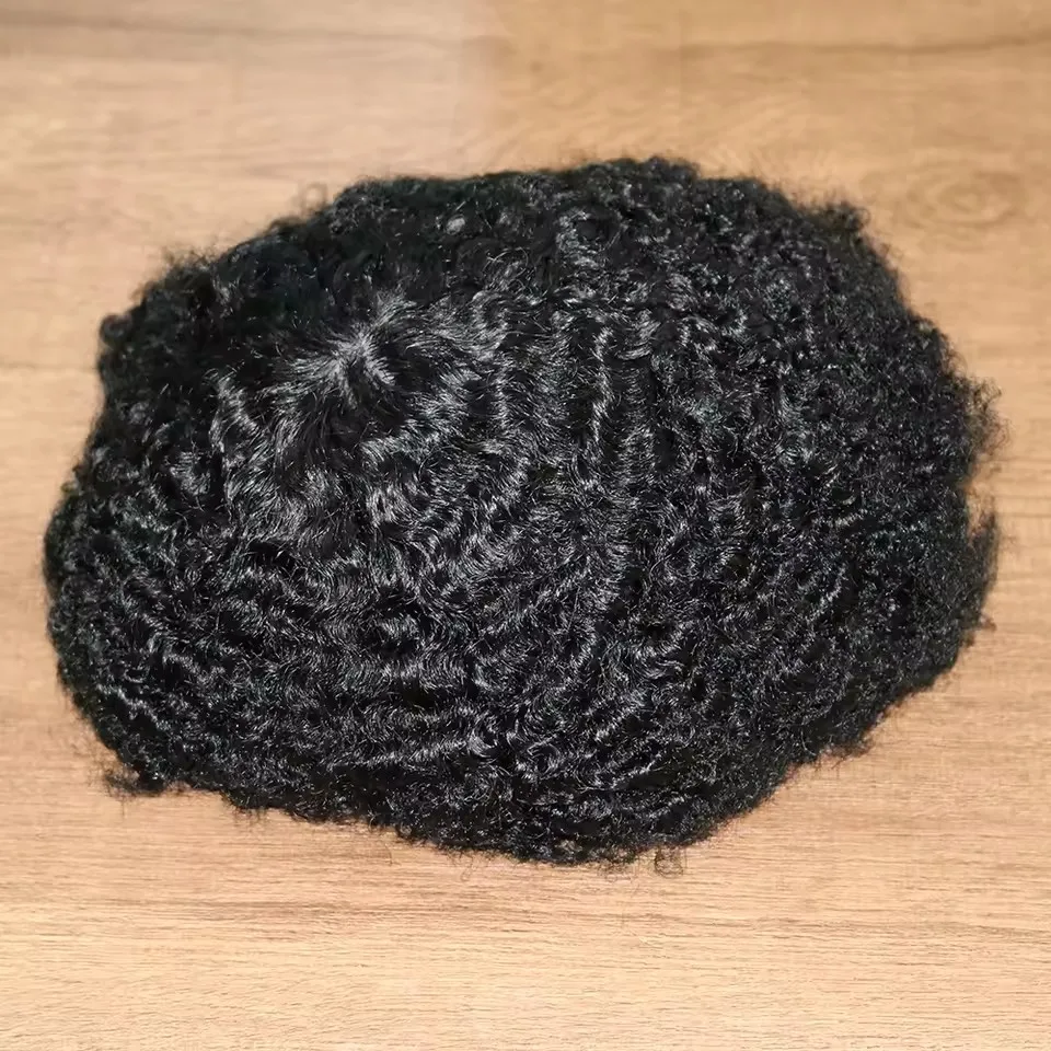 Schwarzes Herren-Afro-Toupet mit 10mm Tiefer Welle aus Echthaar, Günstig, Langlebig, Hautbasis, 1b80 1b40 Graue Haarprothese, Lockige Herrenperücke – Detail 2