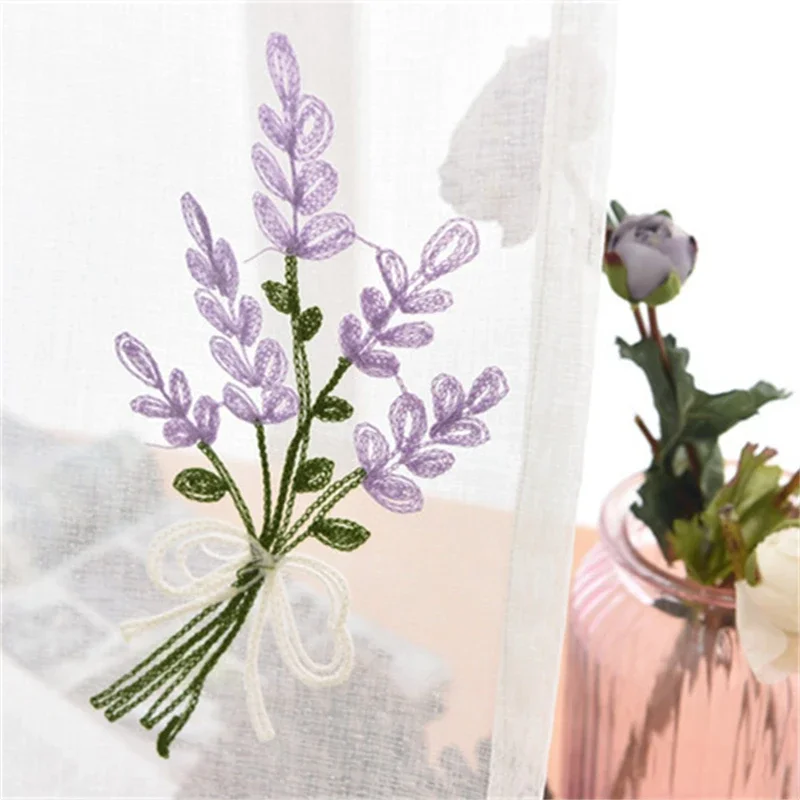 French Pastoral Curtains Purple Lavender Embroidery Tulle For Living Room Bedroom Pink Flower Curtain For Kitchen Home Decor