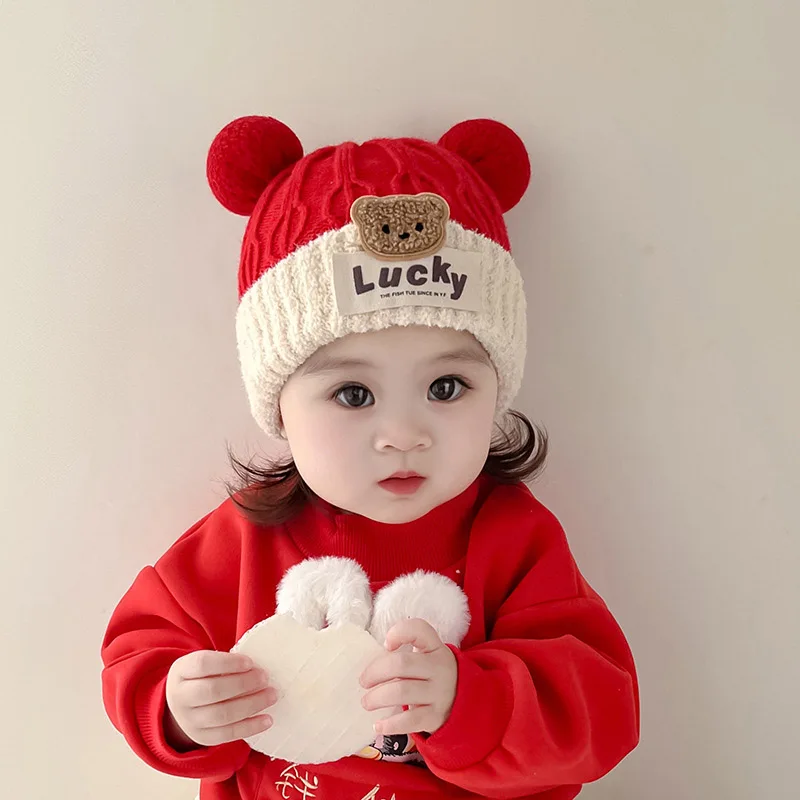 

New Year Red Beanie Winter Warm Baby Knit Hat Cute Bear Double Plush Ball Kids Pullover Cap 6-36Month Infant Ear Protection Caps