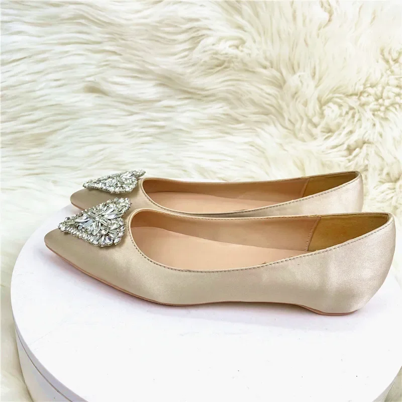 

Summer New Pointed Elegant Banquet Shoes Silk Satin Rhinestone Light Champagne Small Fragrance Flat Sole Single Shoe