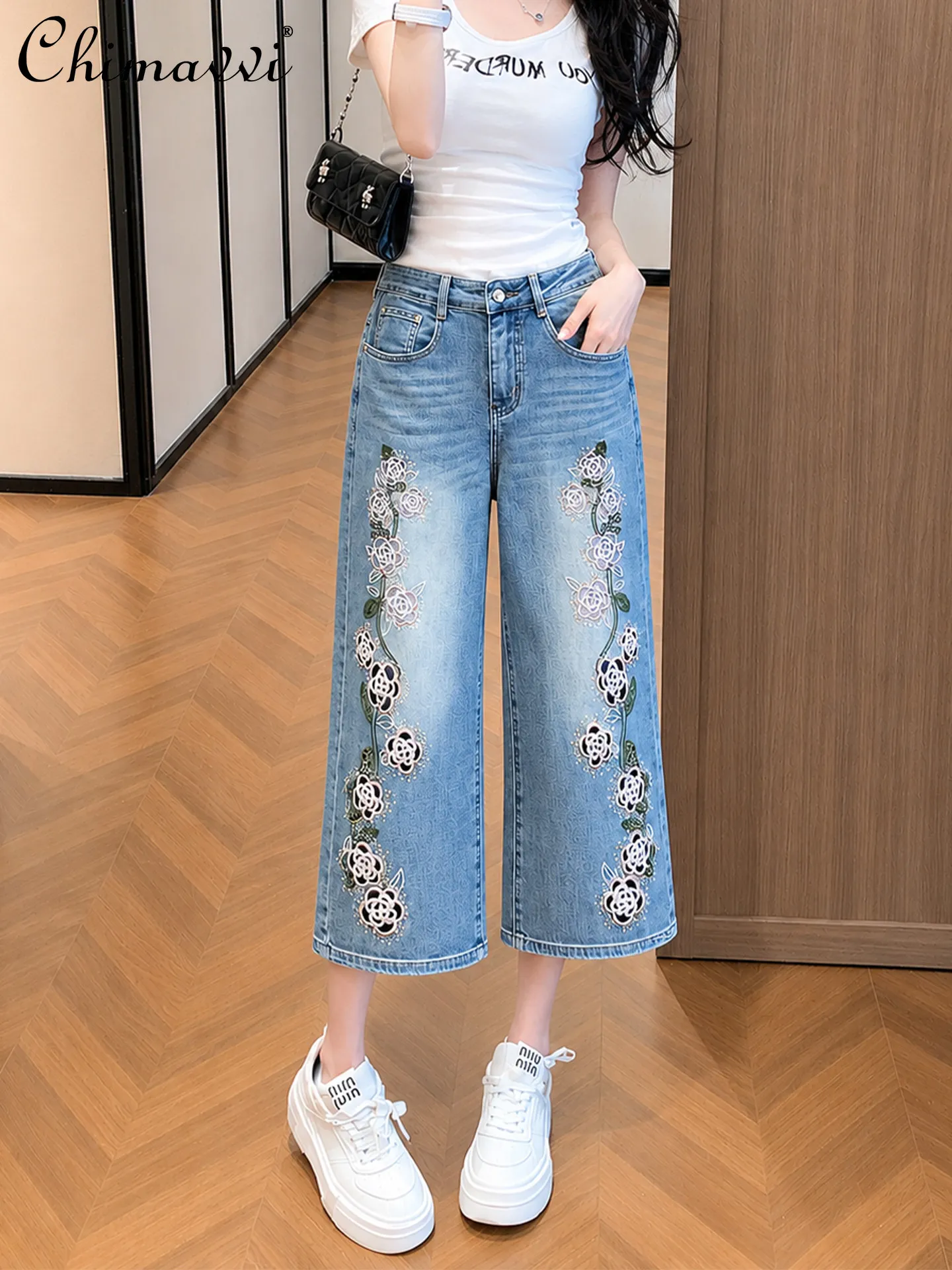 

Heavy Hot Diamond Embroidered Denim Straight-leg Pants Women's Fashion High Waist Loose Slim Retro Old Eight-quarter Pants
