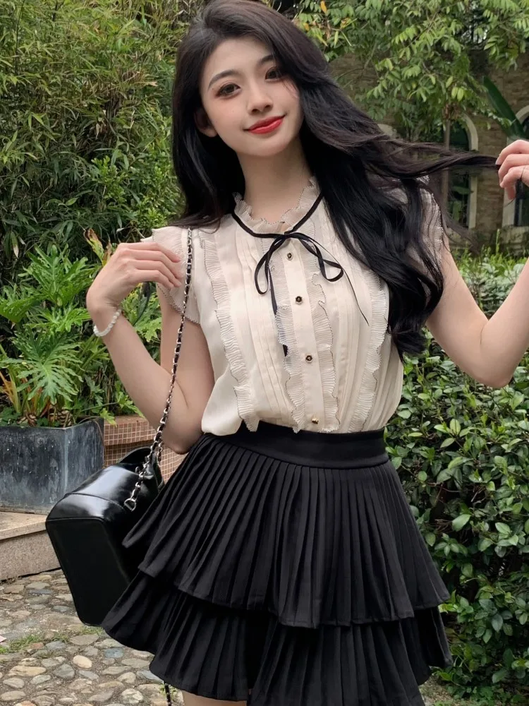 

Woman Summer Elegant Ruffles Lace-up Bow Slimming Sleeveless Blouse Shirt French Sweet Stand Collar Top Fashion Tops Clothing