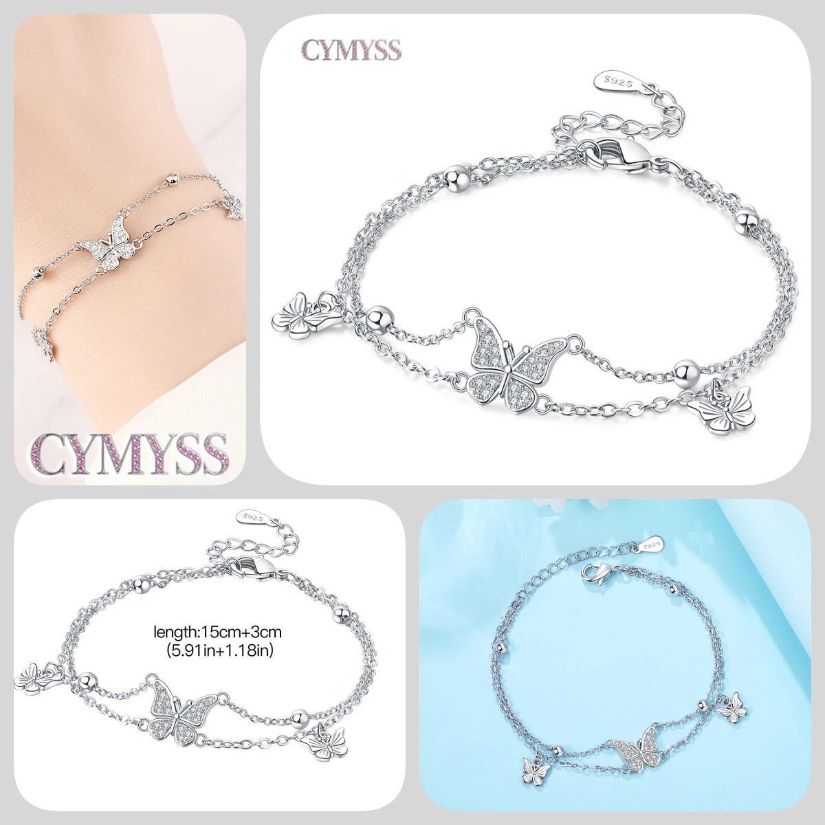 Zierliches Tennisarmband aus 925er Sterlingsilber mit Schmetterlingsanhänger und eingelegtem Zirkonia, edler Schmuck für Frauen, Hochzeits- und Geburtstagsgeschenk – Detail 19