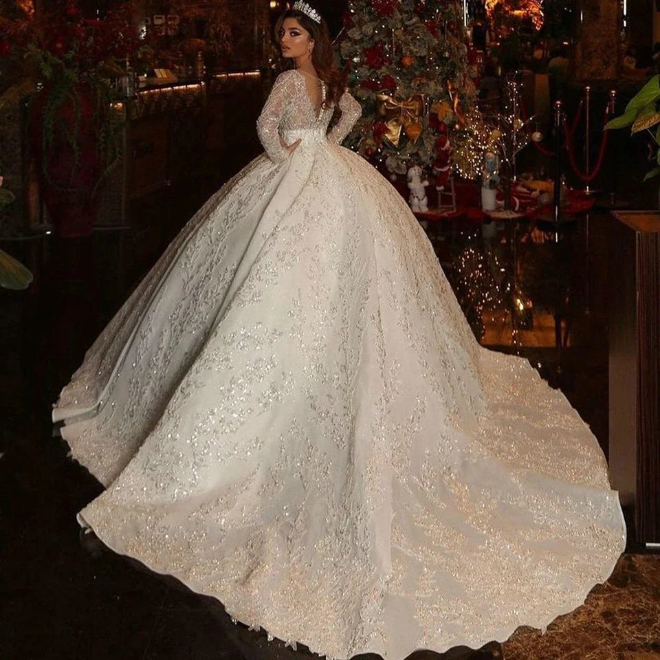 Vestido de baile árabe saudita ilusão costas manga longa vestidos de casamento princesa querida glitter lantejoulas apliques vestidos de noiva 2025