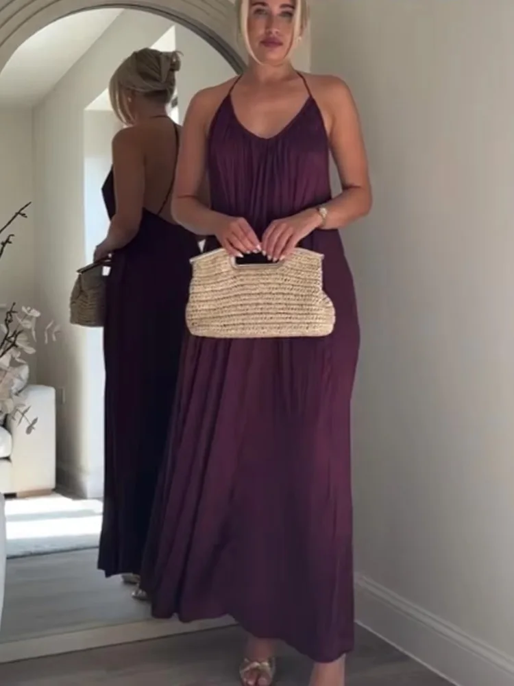 HH Summer Woman Sexy Satin Texture Long Dresses Women O-Neck Dress Sleeveless Backless Pleated Decorate Beach Party Dress