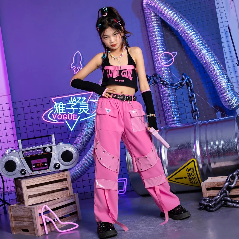 Kpop Cool Dopamine Girl Jazz Dance Clothes Children Performance Costume Suit Hip Hop Street Dance Pants Vest Stage Wear DQL9391