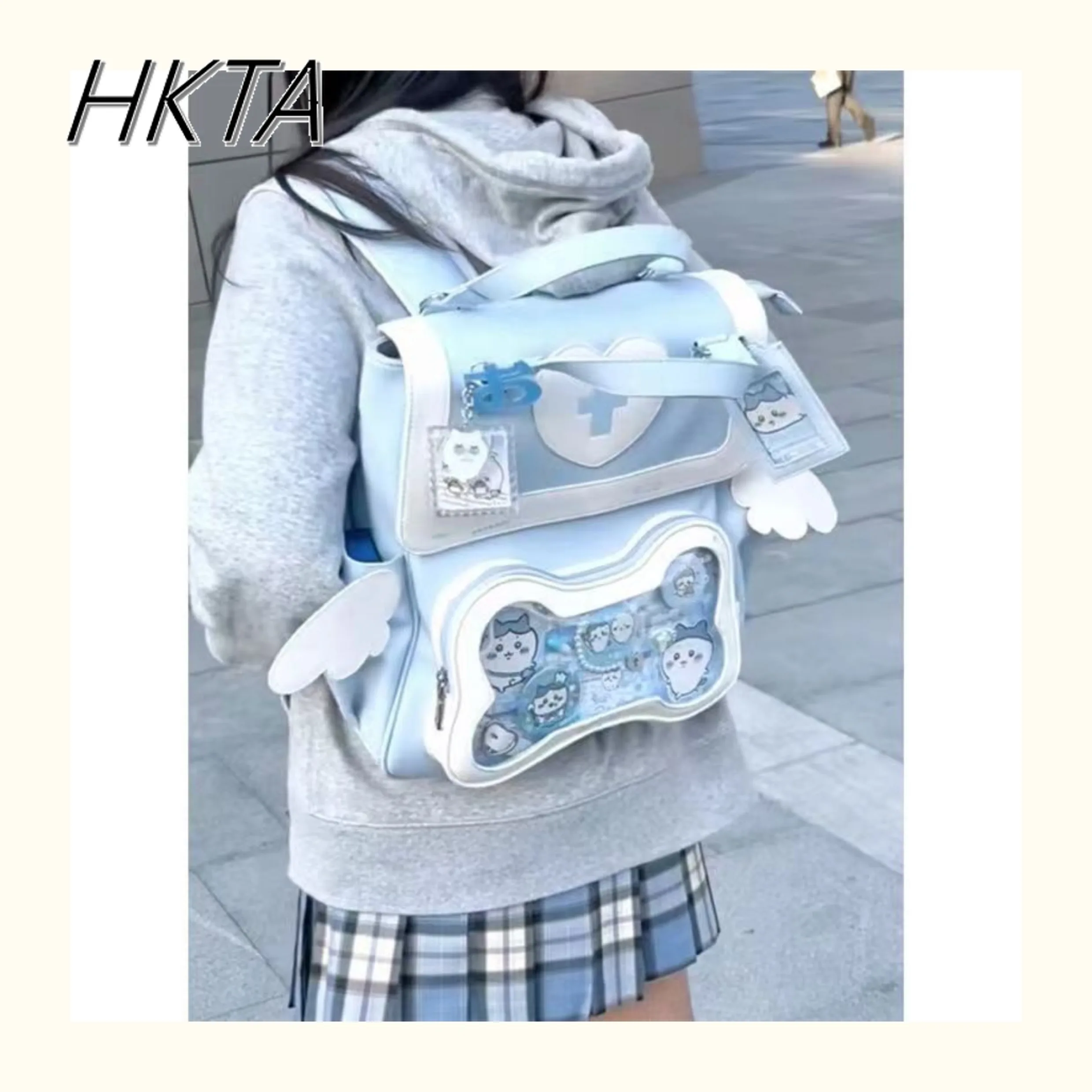 Japanese Style Two-Dimensional Sweet Cute Printed Backpacks Preppy Style Kawaii Square Bags for Students Blue School Bag