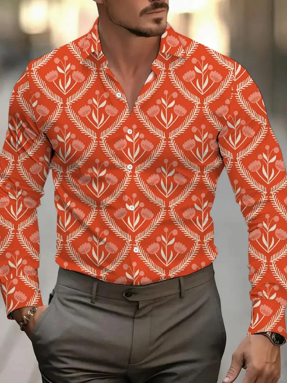 Kemeja pria lengan panjang dengan motif hati, kemeja pria pesta sosial berkancing kerah modis, bahan nyaman dan lembut,