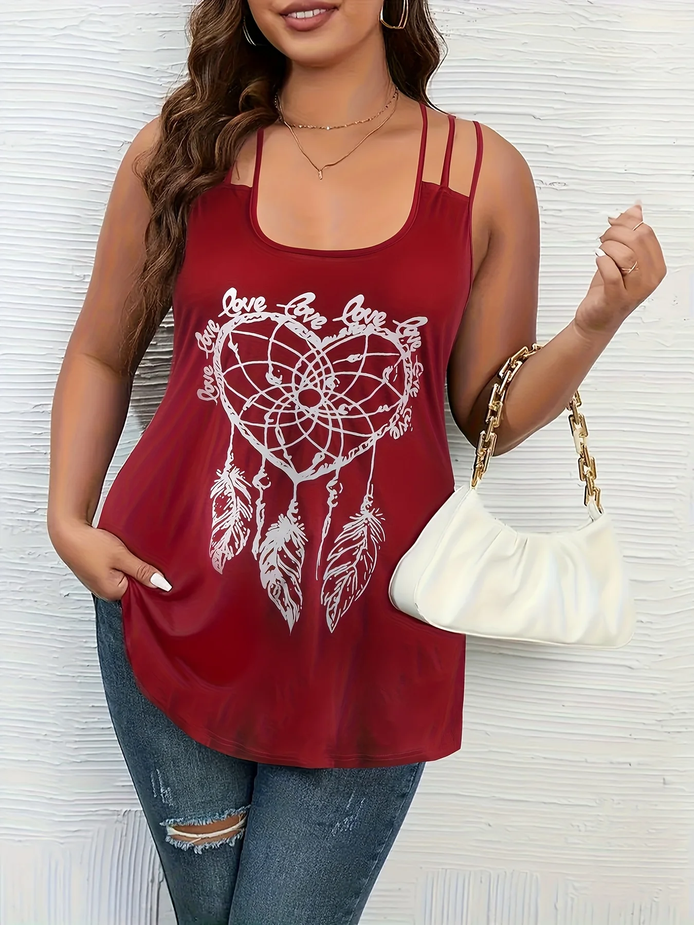 توب نسائي فضفاض بدون أكمام بحمالات مزدوجة باللون العنابي مع طباعة صائد الأحلام والحب، مقاسات كبيرة، موديل 2026 الجديد