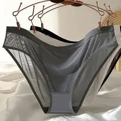 Women Sexy Mesh Ice Silk Solid Thin Breathable Underwear Middle Waist Elasticity Plus Big Panties
