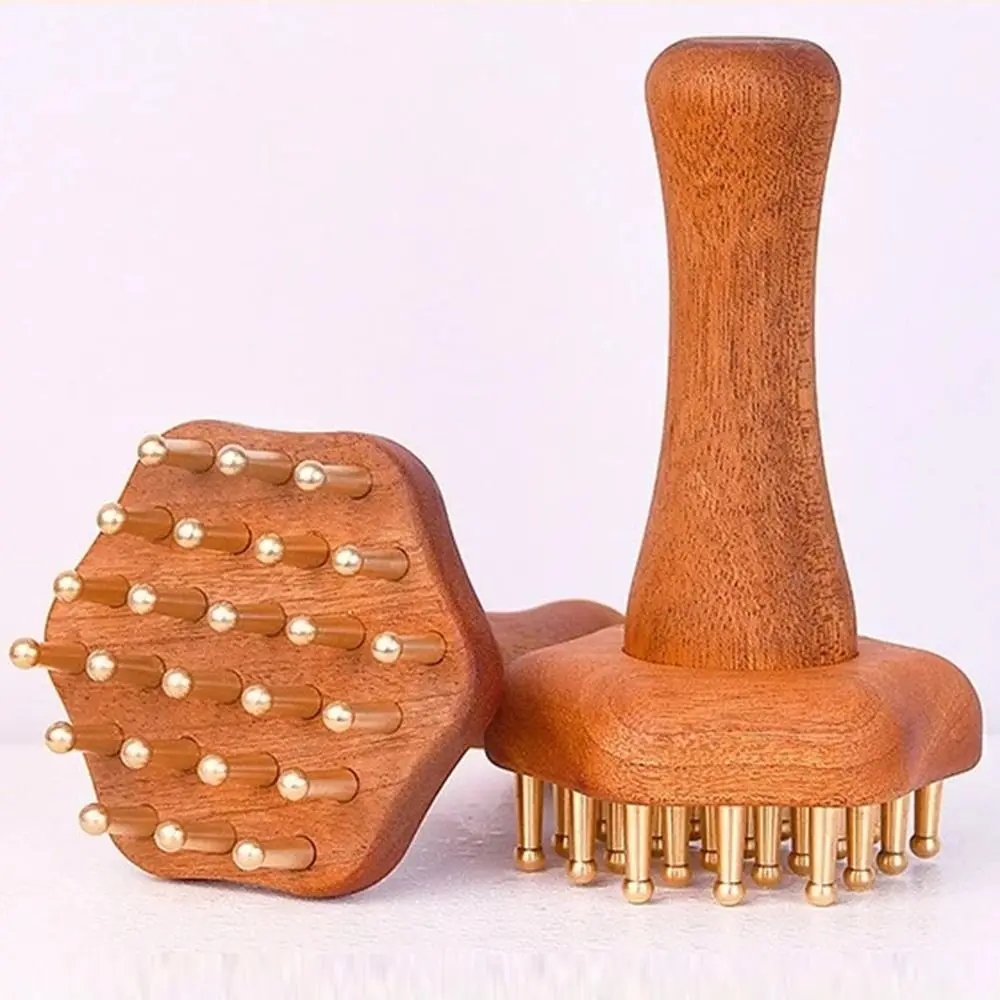 

Portable Wood Massage Brush Wooden Handle 24 Teeth Meridian Massager Comfortable Copper Head Brass Gua Sha Massage Tool
