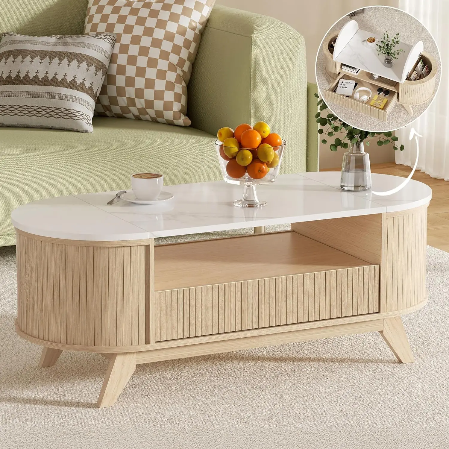 طاولة قهوة مع مساحة تخزين، طاولة مركزية حديثة لمنتصف القرن لغرفة المعيشة، طاولة قهوة بيضاوية مخفية مع مساحة تخزين مخفية،