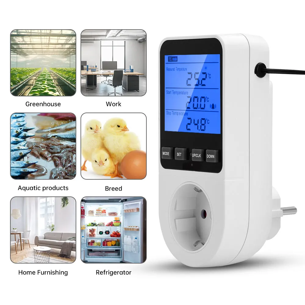 -40~120℃ AC 230V Smart Temperature Control Socket With 1.7m Temperature Sensor Probe High/low Temperature Alarm Function