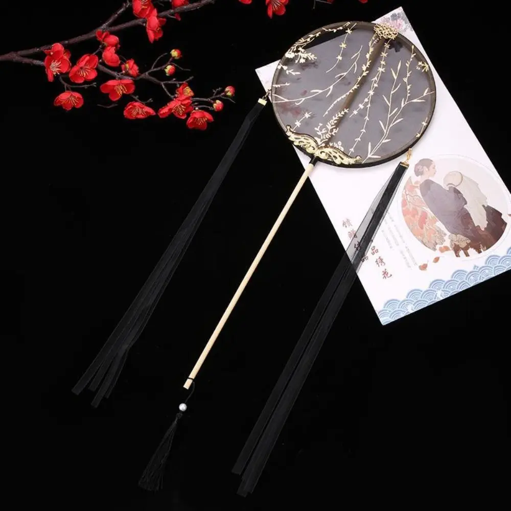 Vintage Chinese Style Chinese Style Round Fan with Pendant Long Handle Embroidery Fan Tassels Translucent Silk Fan Home Decor
